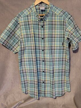 Columbia Plaid Button Down Shirt Blue Yellow Aqua 100% Cotton Men's XL Outdoor
